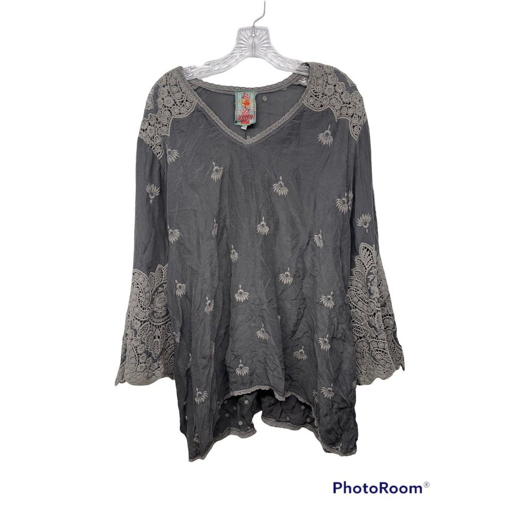 Johnny Was Charcoal Blouse with Lace & Embroidered Accents